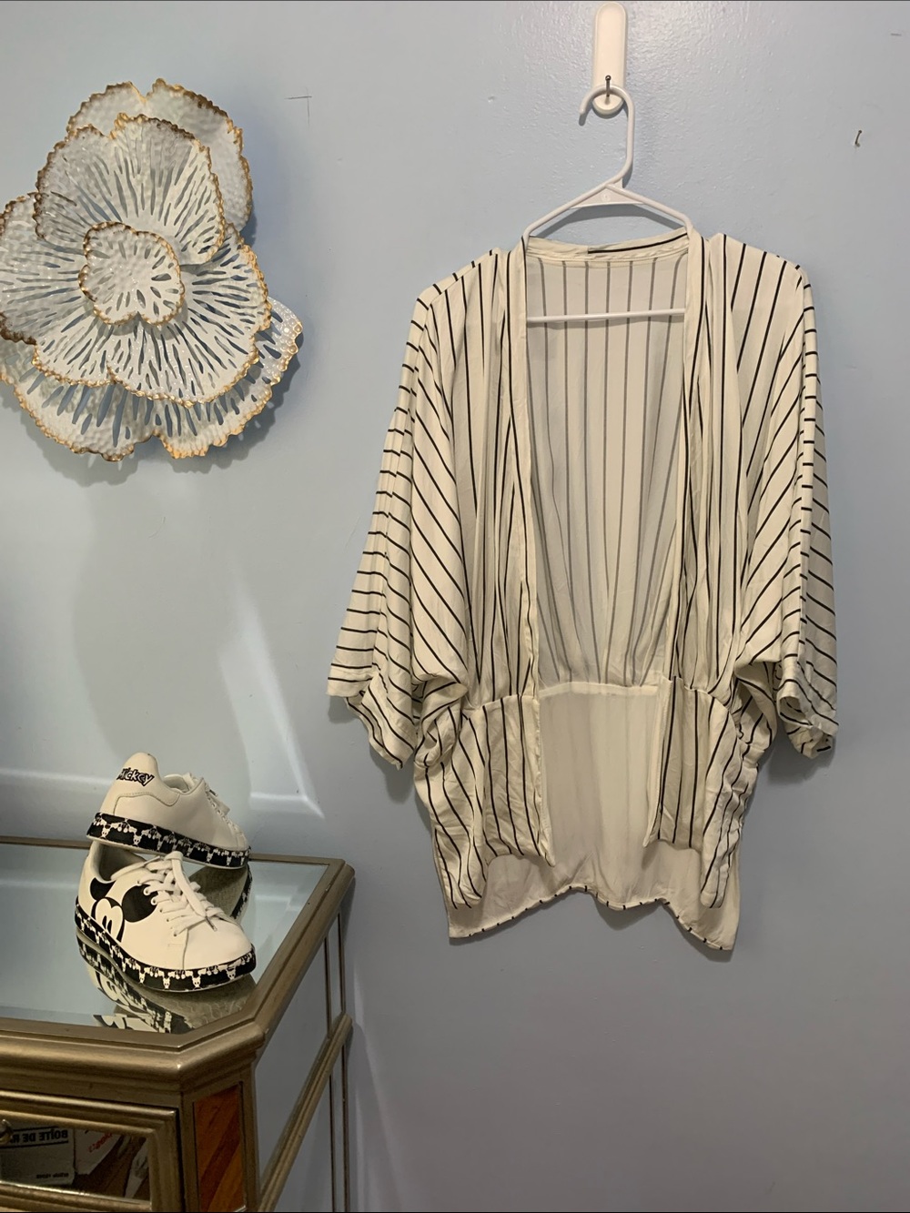 Striped Open Front Kimono Cardigan - white with Black Stripes made in Italy
